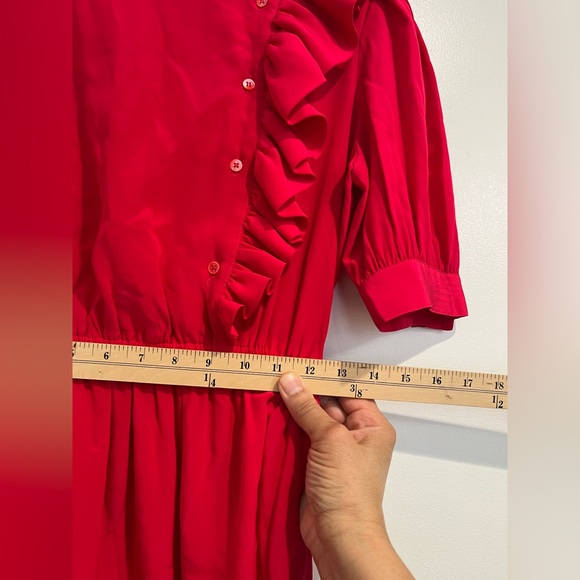 Saks Fifth Avenue Vintage 50s 60s Red Silk Dress with Ruffle Detail Sz. S - Picture 6 of 8